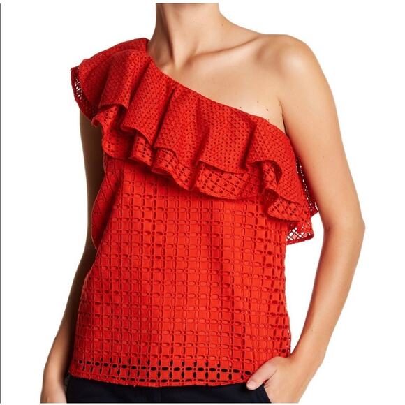 J. Crew Women's Eyelet One Shoulder Ruffle Blouse Top Boho Bohemian Red Size 6 - Picture 1 of 12